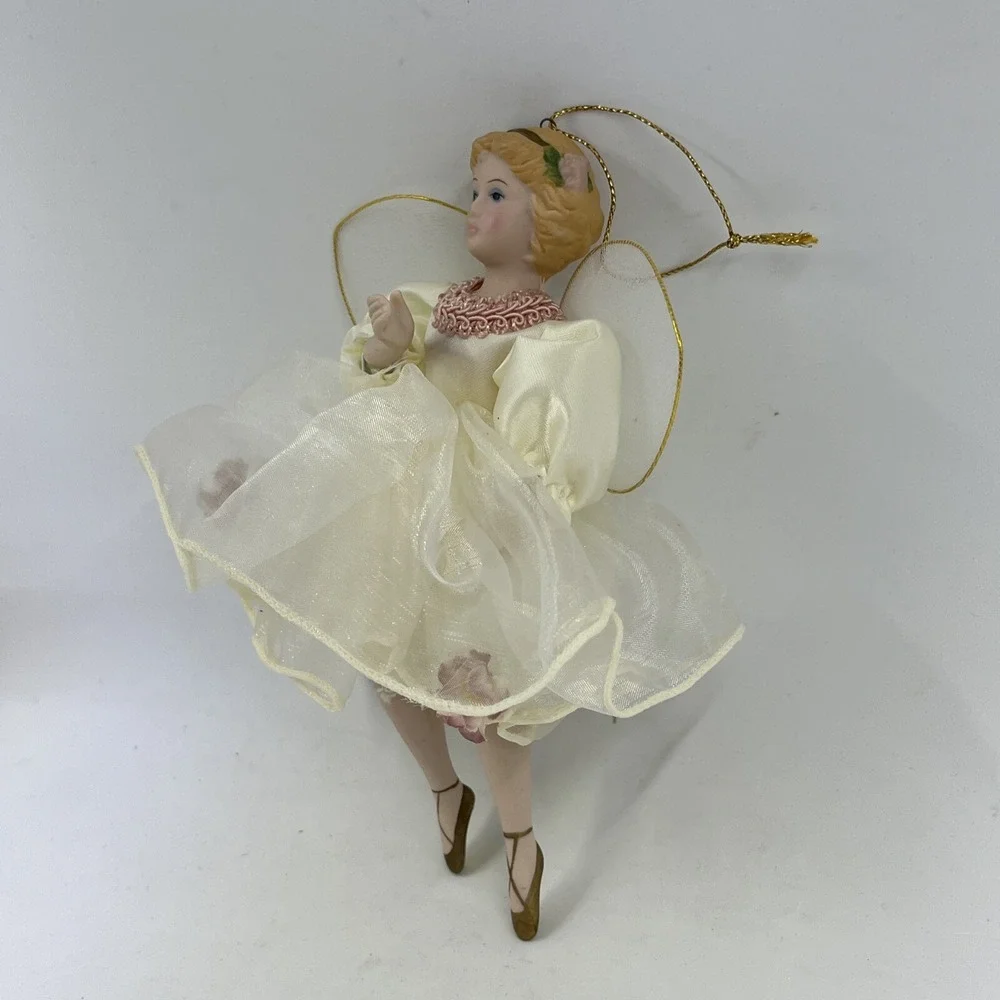 Kurt S Adler Porcelain Angel Christmas Ornament Cream Pink‎ Floral Dress J8873